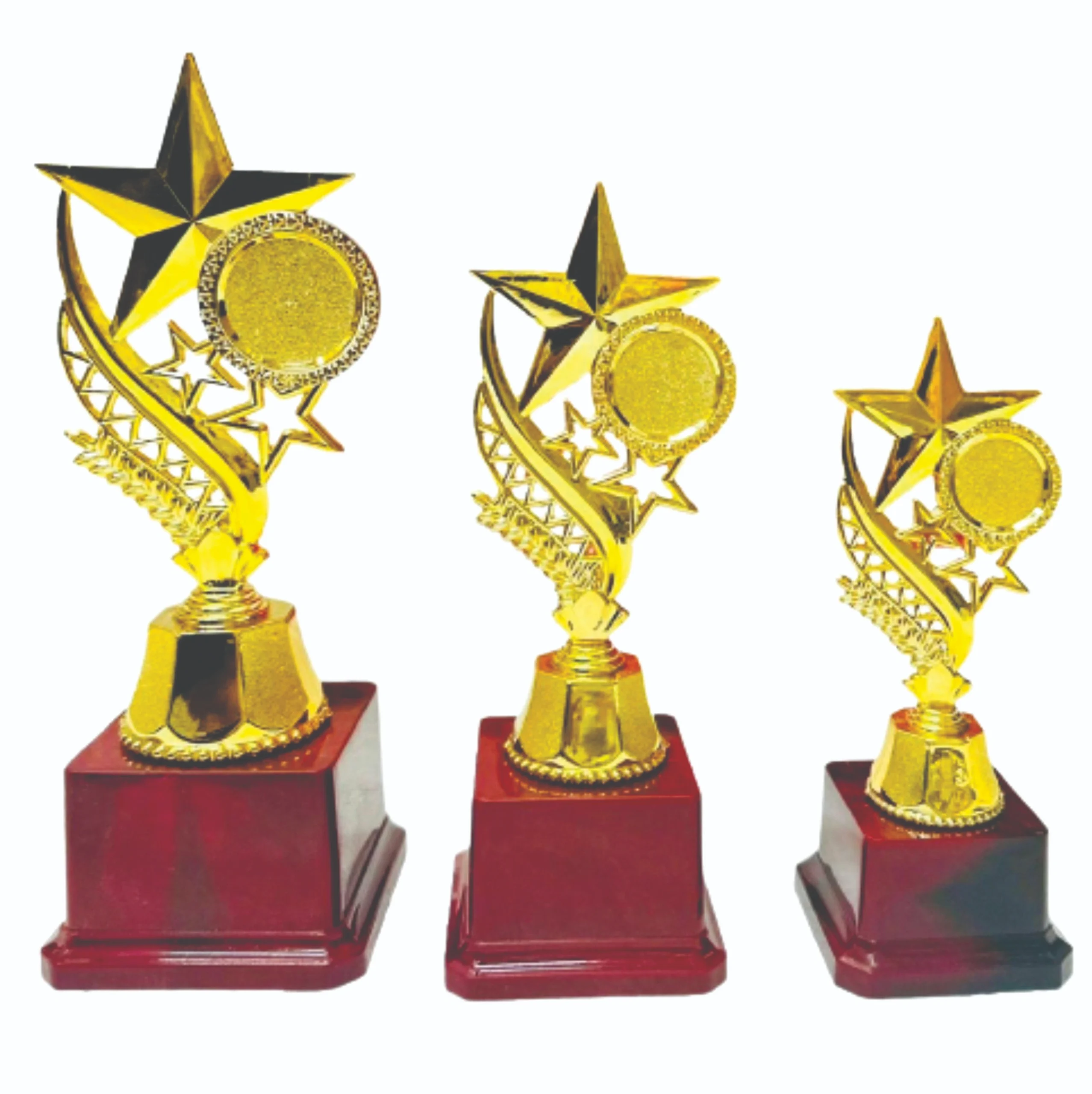Gold Star Achievement Classic Trophy Set – 3 Sizes with Wooden Base